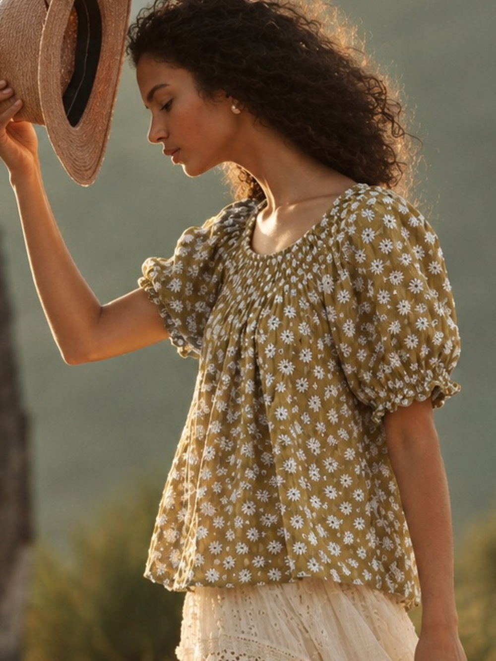Daisy Embroidered Cotton Puff Sleeve Blouse Cottagecore Boho Prairie Top